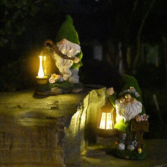 VINIUSIKI Solar Garden Gnome Statues with Lantern Light, Easter Outdoor Decorations for Porch Patio, Gifts for Women and Men, Decorative Resin Statue for Outdoor Patio Yard