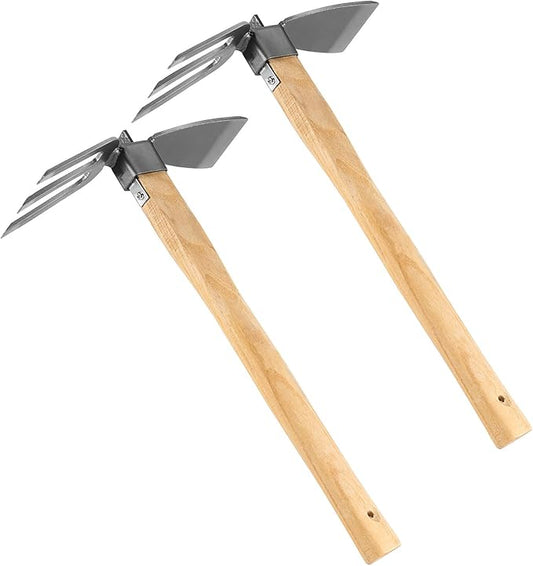 JAPCHET 2 PCS Hoe and Cultivator Hand Tiller, Heavy Duty Dual Headed Weeding Tool, Hoe Garden Tool with Carbon Steel Blade for Soil Loosening, Weeding and Digging