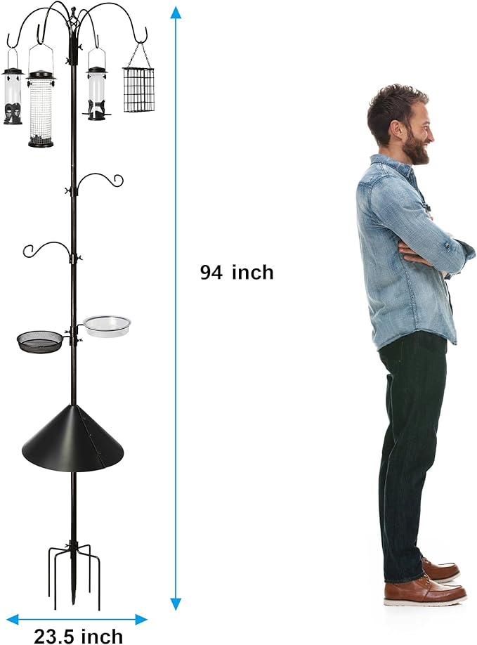6-Hook Bird Feeding Station, Steel Multi-Feeder Kit Stand for Attracting Wild Birds w/ 4 Bird Feeders, Bird Bath, Mesh Tray and Squirrel Guard Baffle,94 Inch