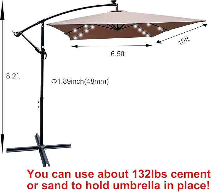 10x6.5FT Patio Umbrella, Outdoor Offset Umbrella with Cross Base and Crank, Rectangular Cantilever Umbrella with Solar Lights, Hanging Market Umbrella with 6 Rids for Pool, Deck, Backyard (Mushroom)