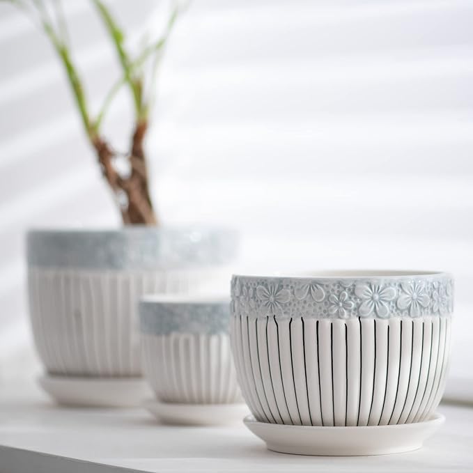 Ton Sin Grey Flower Pots,Texture Planter for Indoor Plants Set of 3 Ceramic Flower Pots with Saucer,Cute Garden Pots Succulent Pots(3 Pack,Grey