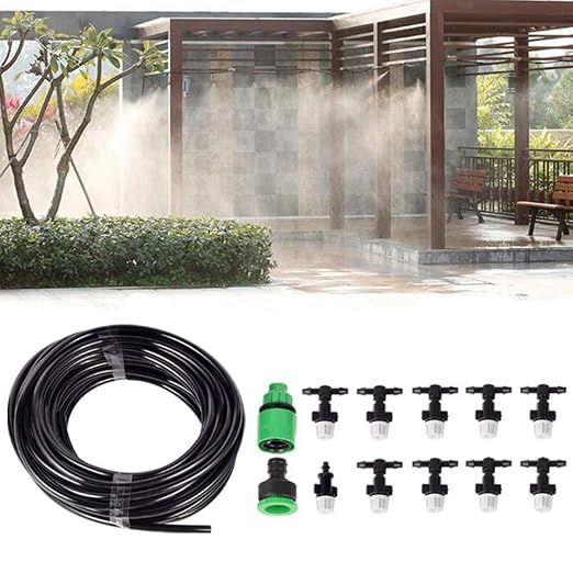 10m Home Garden Patio Misting Micro Flow Drip Irrigation Misting Cooling System with 10pcs Plastic Mist Nozzle Sprinkler for Plant Flower