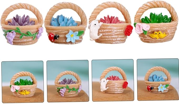 4 Pieces Mini Succulent Plant Resin Ornaments - Cute Car Dashboard Figurines Flower basket Set - Fairy Garden,Birthday Cakes Decoration,DIY Aquarium Moss Layout Desktop Landscape Accessories