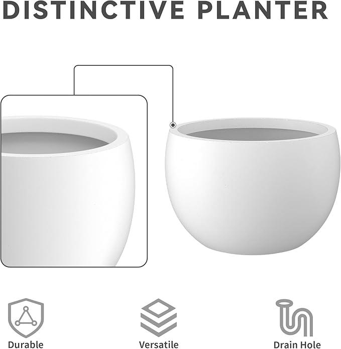 Kante 11.8" Dia Round Concrete Planter, Outdoor/Indoor Large Bowl Plant Pots with Drainage Hole and Rubber Plug for Garden Patio Balcony Home, Pure White