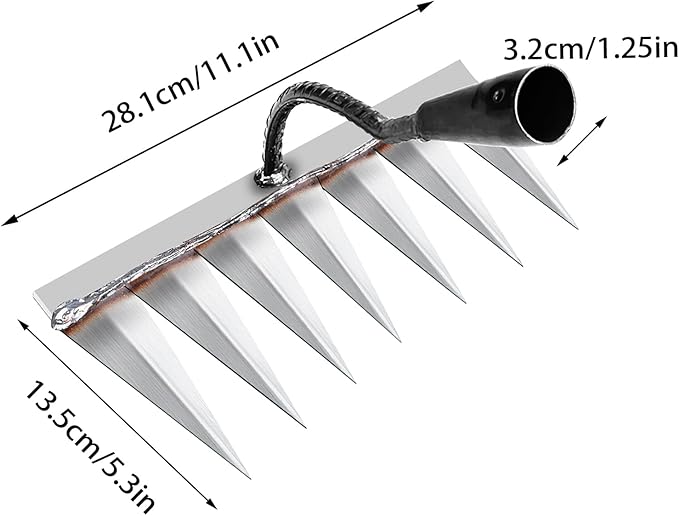 Iron Rake for Gardening and Weeding - Heavy Duty Garden Tool, Carbon Steel Hand Rake for Sturdy Dethatching, Heavy Duty Rake 7 Toothed Steel (Without Stick)