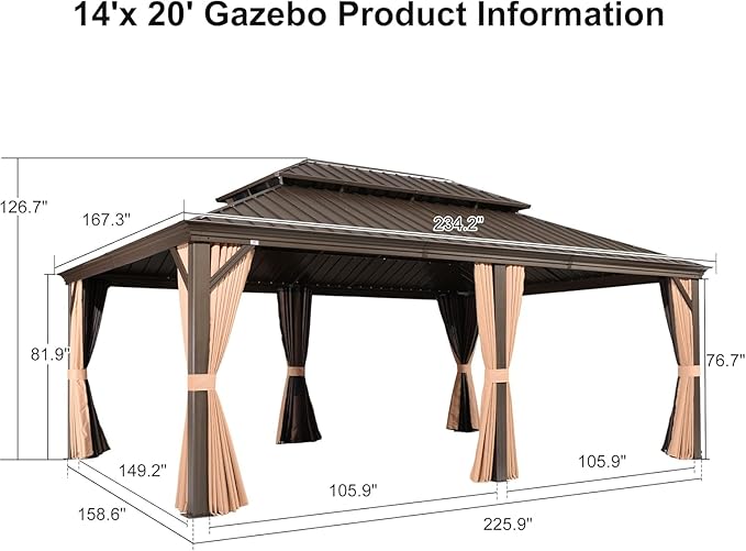 PURPLE LEAF 14' X 20' Hardtop Gazebo Patio Wide Aluminum Frame Metal Double Roof with Heavy Duty Netting and Curtains for Permanent Hard Top Pavilion Screen Khaki