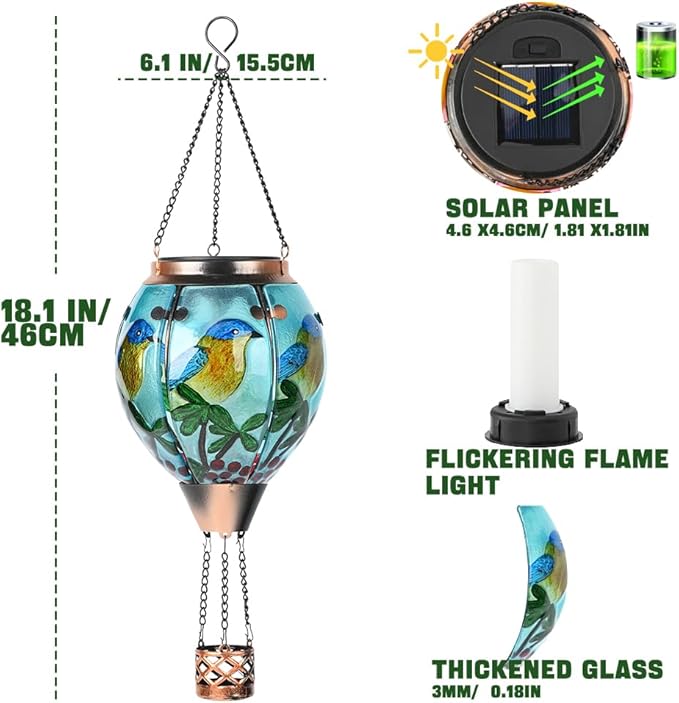 Hot Air Balloon Solar Lantern - Bluebird Glass Lantern, Simulated Flickering & Dancing Flame, Outdoor Hanging Yard Light Waterproof IP65 for Patio Lawn Porch Decor Gift