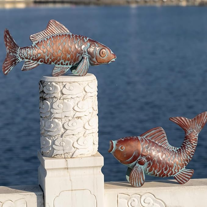 Set of 2 Koi Fish Decor Outdoor Statue Sculpture Garden Pond Fishes Yard Art Antique Copper Koi Sculptures & Statues Large Metal Koi Fish Figurine Ornaments Décor Gifts for Women Mom Grandma