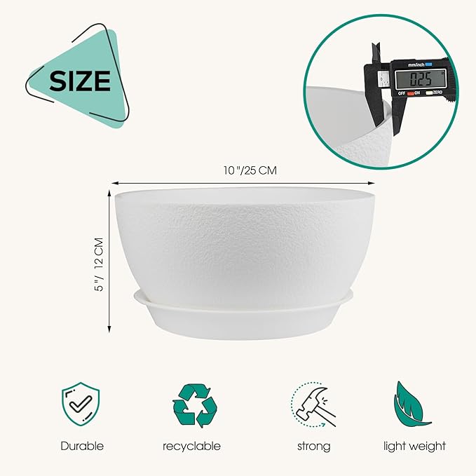 10 inch Plant Pots Pack of 2, Plastic Planter with Drainage Holes and Saucers, Plant pots for Indoor Outdoor Use, Flower Pots for All House Plants (White)