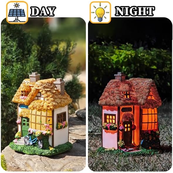 Rustic Thatched Flower Shop Resin Cottage – Fairy House Garden Statues Outdoor, Solar-Powered Warm Lights,Weatherproof, Spring Vines & Bicycle Décor,Perfect Home Gifts for Mom Wife Grandma