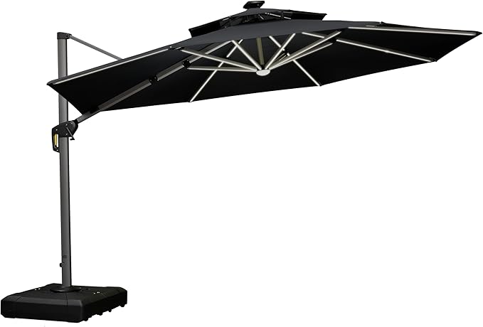PURPLE LEAF 12ft Solar powered LED Patio Umbrella Outdoor Round Umbrella Large Cantilever Umbrellas with LED lights Windproof Offset Umbrellas Heavy Duty Sun Umbrella for Garden Deck Pool Patio, Black