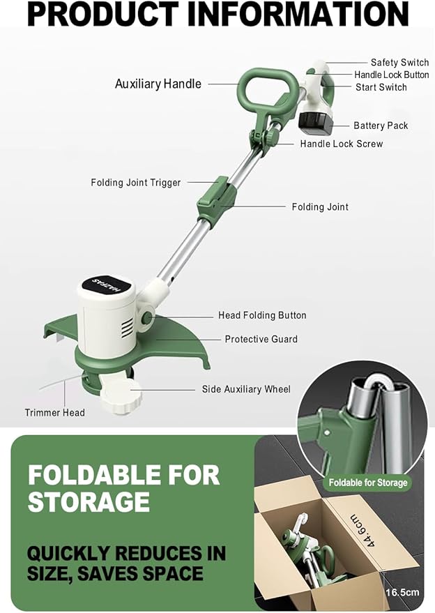 Cordless String Trimmer, Foldable Design with Adjustable Handle Trimmer Lawn, Weed Wacker with 2 x Batteries, Safe Reliable Edger Lawn Tool, Electric Weed Eater, White Green