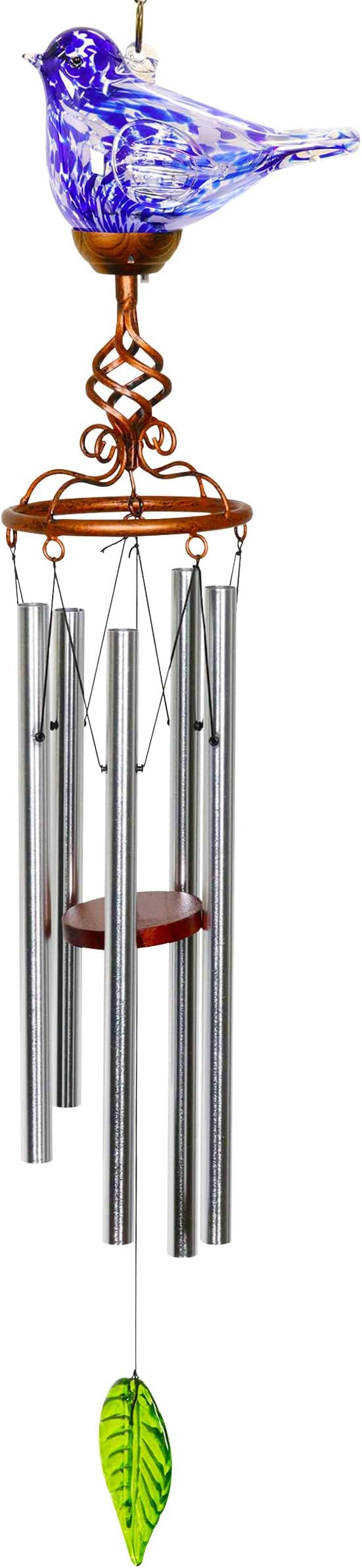 Wind Chimes, Solar Glass Bird Shape, LED, Outdoor Lawn and Patio Glass and Metal Decoration, 7 x 4 x 44 Inches (Dark Blue)