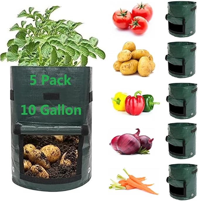Potato Grow Bags,(5 Pack 10 Gallon) Garden Vegetables Growing Planter with Handles and Access Flap for Planting Potato Carrot Onion Taro Radish Peanut,