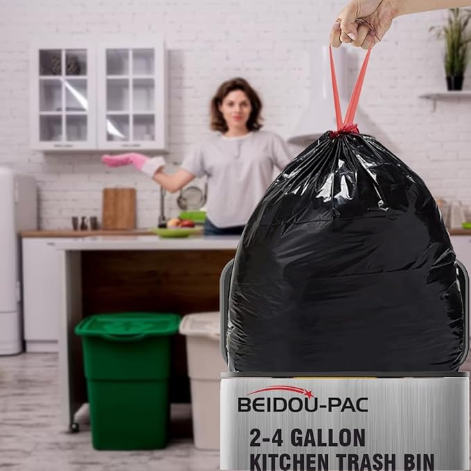 2-4 Gallon Trash Bags Drawstring, 200 Count Bulk Value Pack, Black & Unscented Small Multi-purpose Garbage Bags for Business Home Bathroom Kitchen Commercial and Industrial