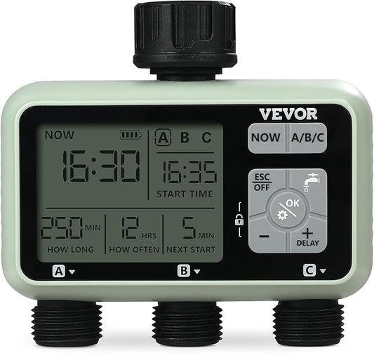 VEVOR Water Timer, 3 Outlets, Hose Watering Sprinkler Timer, with 3 Independent Watering Zone LCD Display Rain Delay Mode Manual Mode 360° Brass Inlet Metal Filter, IPX6 Waterproof for Yard Watering