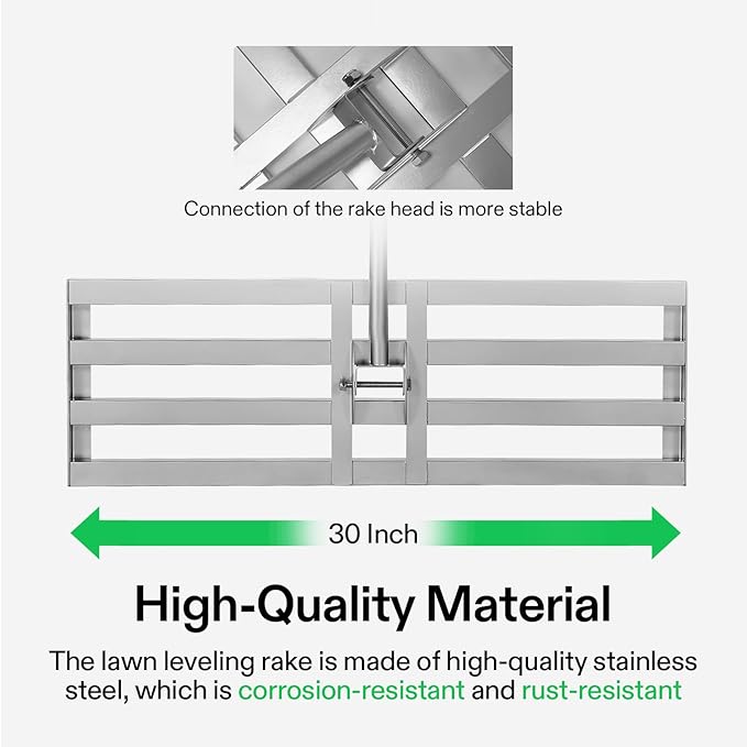 VIVOSUN 30" Lawn Leveling Rake, 30" x 10" x 78" Heavy-Duty Stainless Steel Lawn Leveler with 7FT Adjuatble Long Handle for High Effect, Metal Levelawn for Smooth Soil, Rustproof Rakes for Garden Yard