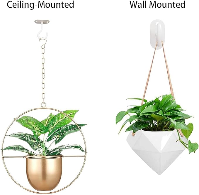 Ceiling Hooks for Hanging Plants-Metal Heavy Duty Wall Mounted Hangers for Hanging Bird Feeders, Planters, Wind Chimes, Include Professional Drywall Anchors (Pure White) 3 Pack