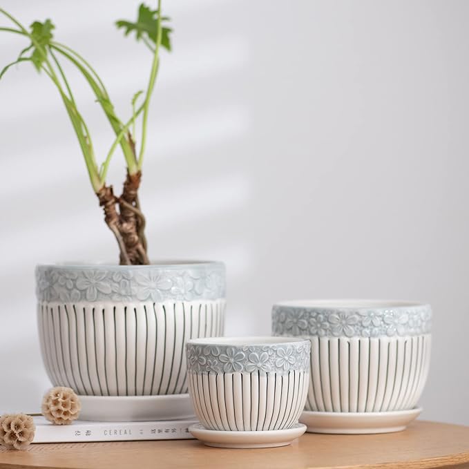 Ton Sin Grey Flower Pots,Texture Planter for Indoor Plants Set of 3 Ceramic Flower Pots with Saucer,Cute Garden Pots Succulent Pots(3 Pack,Grey