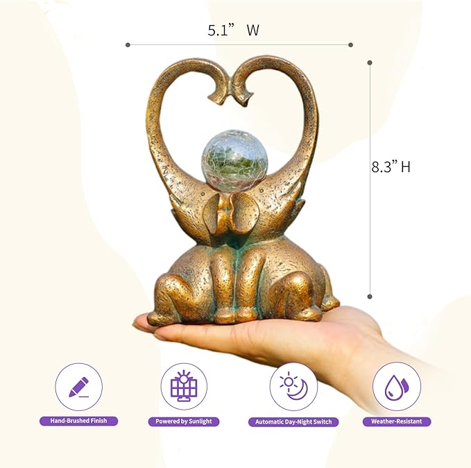 WHIMSYNOOK 7.9" Bronze Elephant Garden Statue with Heart-Shaped Trunks & Solar LED Light – Outdoor Decor for Porch, Lawn, Yard – Perfect Birthday, Housewarming Gifts for Mom and Elephant Lovers
