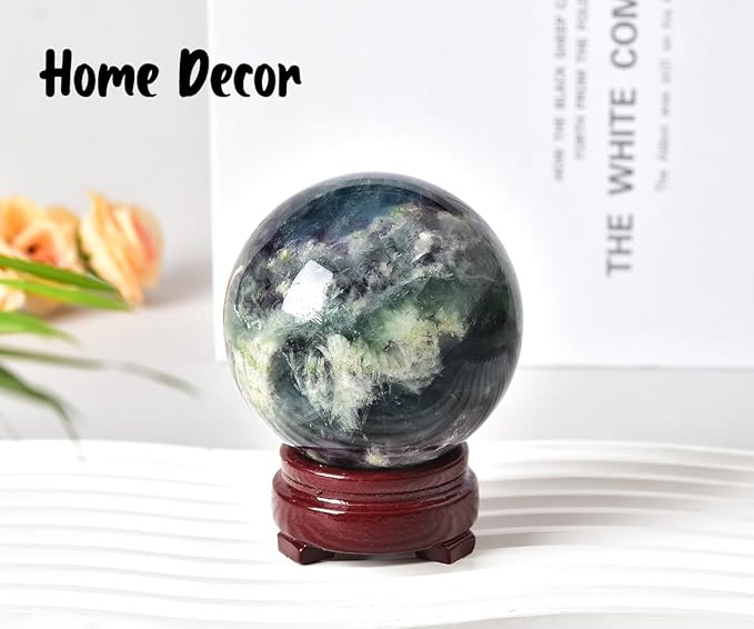 JIC Gem Natural Feather Fluorite Crystal Ball Round Healing Crystals Decorative Sphere with Wooden Stand Meditation Home Decor 2.3-2.7 inch (60-70mm)
