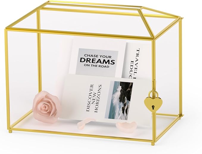 Wedding Card Box with Slot and Lock for Wedding Reception - Birthdays Party Card Holder, Home Geometric Decorative, Clear Gold Terrarium (Gold) 10.2" x 5.9" x 7.9"