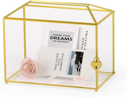 Wedding Card Box with Slot and Lock for Wedding Reception - Birthdays Party Card Holder, Home Geometric Decorative, Clear Gold Terrarium (Gold) 10.2" x 5.9" x 7.9"