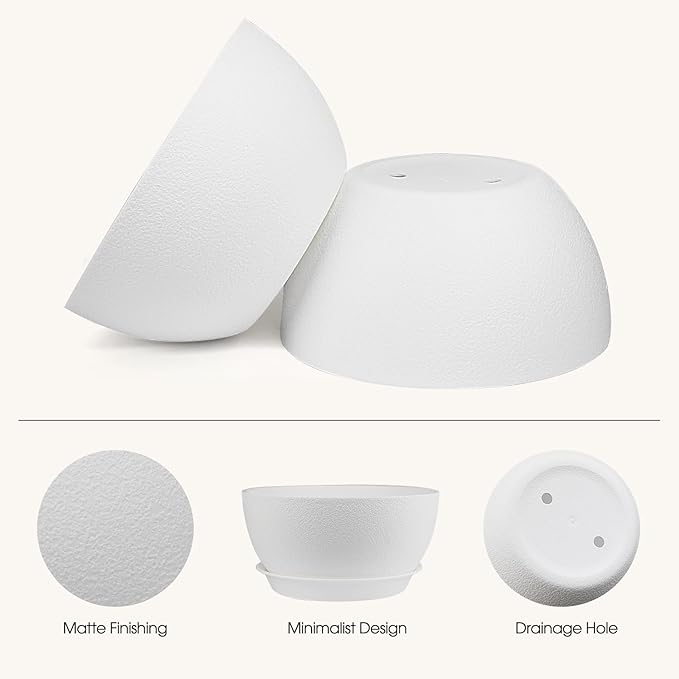 8 inch Plant Pots Pack of 2, Plastic Planter with Drainage Holes and Saucers, Plant pots for Indoor Outdoor Use, Flower Pots for All House Plants (White)