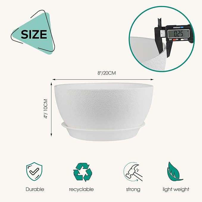 8 inch Plant Pots Pack of 2, Plastic Planter with Drainage Holes and Saucers, Plant pots for Indoor Outdoor Use, Flower Pots for All House Plants (White)