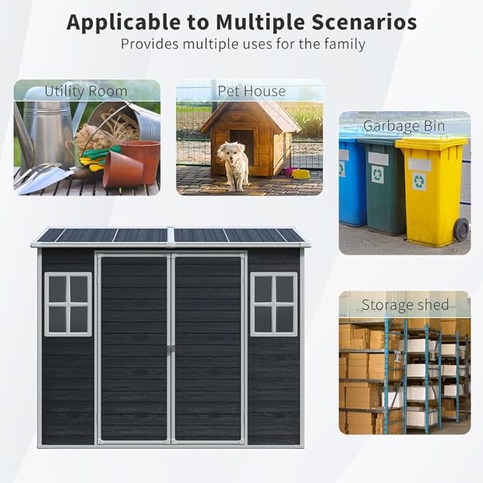 8x4 FT Resin Outdoor Storage Shed with Floor and 2 Windows, Outside Plastic Sheds Storage Clearance w/Lockable Door, Backyard Garden Tool House for Patio, Yard, Lawn, Bike, Black