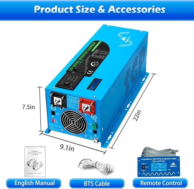Sungoldpower 3000W DC 12V Peak 9000W Inverter Charger Pure Sine Wave Upgrade, AC 120V with 90A Battery AC Charger LCD Display, Low Frequency Inverter, for RV, Trailer, Camper, Home, Boat