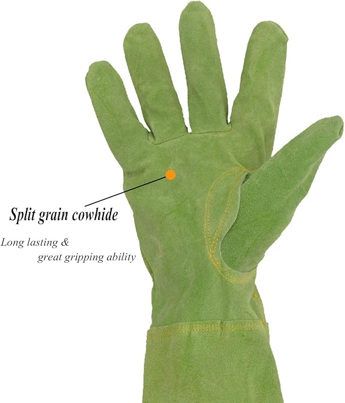 HANDLANDY Ladies Leather Gardening Gloves, Thorn Proof Long Gauntlet Heavy Duty Garden Gloves, Elbow Length Women Rose Pruning Gloves (Large, Green)