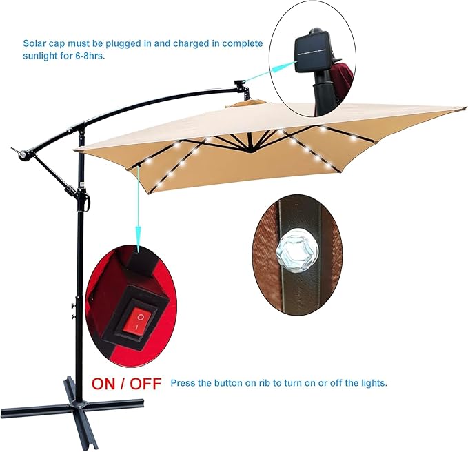 10x6.5FT Patio Umbrella, Outdoor Offset Umbrella with Cross Base and Crank, Rectangular Cantilever Umbrella with Solar Lights, Hanging Market Umbrella with 6 Rids for Pool, Deck, Backyard (Tan)