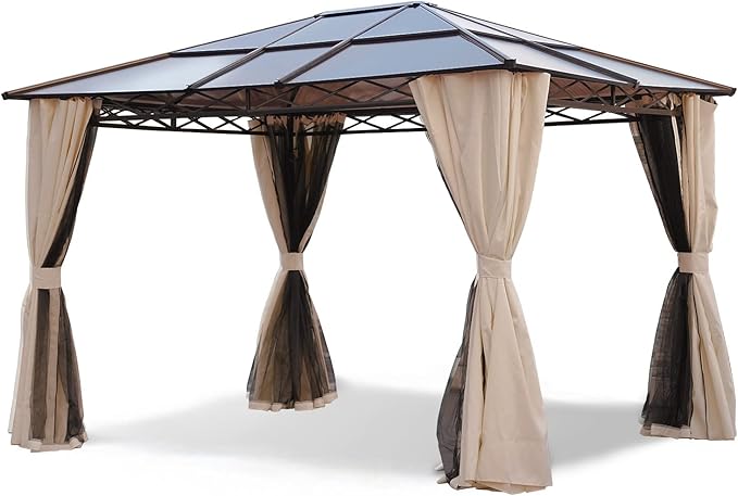 Grand patio 10x12 Gazebo, Hardtop Gazebo, Single Roof Pergolas Metal Aluminum Frame UV 50+ Outdoor Canopy with Mosquito Netting and Curtains, Outdoor Shelter for Garden, Lawn, Backyard