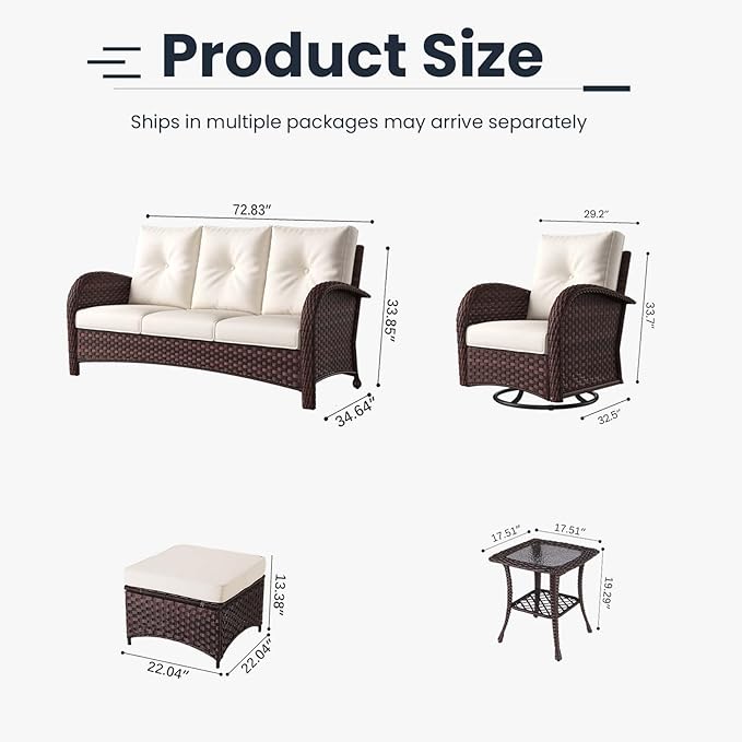 6 Pieces Patio Furniture Sets, Wicker Rattan High Back Outdoor Swivel Rocking Chairs Set with 3-Seat Couch, Ottomans and Side Table