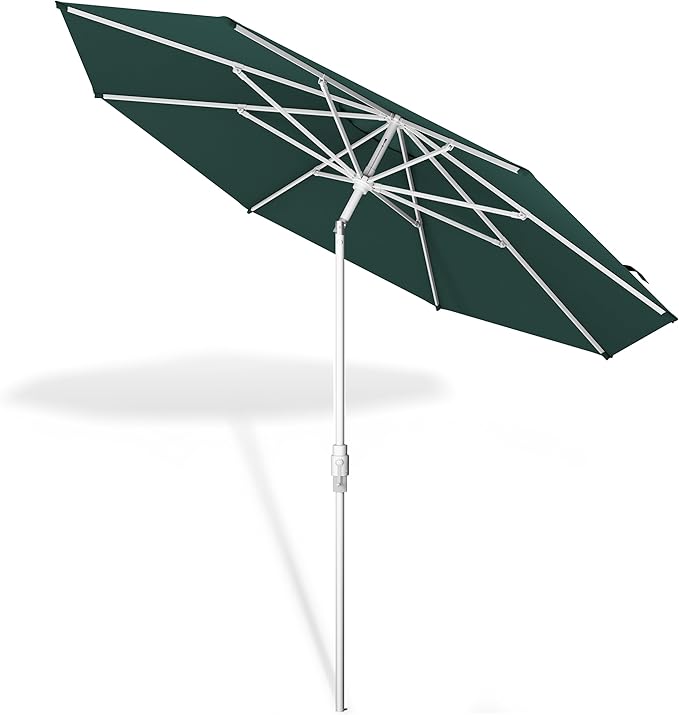 Midtown Umbrellas The Swilt 9 Feet Patio Umbrella in Terylast Forest (Dark Green) Polyester Fabric - Fiberglass Ribs, Auto-Tilt Aluminum Frame For Backyard, Deck, Garden, Pool - White Pole