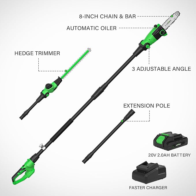 SOYUS Pole Saw 8-Inch Cordless and 18-Inch Pole Hedge Trimmer 2-in-1, 15-Foot Max Reach Pole Saw for Tree Trimming, 16ft/s Speed, Auto Oiling, Multi-Angle Pole Chainsaw with 2.0Ah Battery & Charger