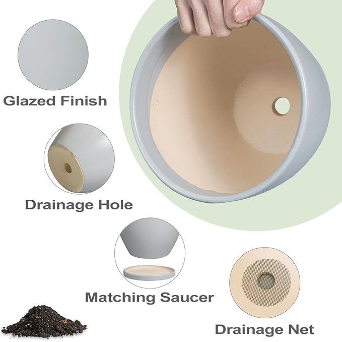 10 Inch Planter - Ceramic Pots for Plants, Planters with Drainage Hole and Tray, Modern Flower Pots Indoor, Home Living Room Patio Porch Garden Office Decor, Gray