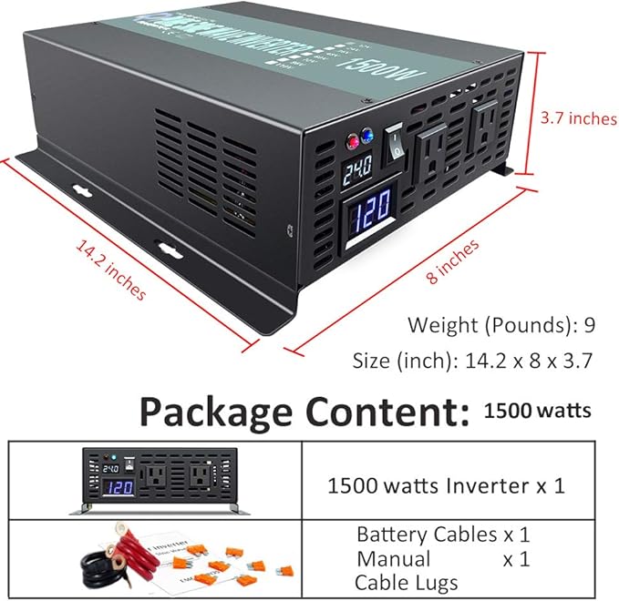WZRELB 1500W 24V 120V Pure Sine Wave Solar Power Inverter with Remote Control Switch