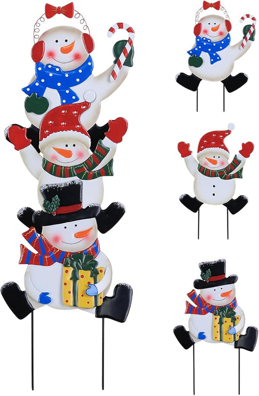 YEAHOME Outdoor Christmas Decorations, Stacked 3 Snowman Decorative Garden Stakes for Christmas Decor, Metal Yard Signs Xmas Decorations for Outside Garden Yard Lawn Porch Holiday Party