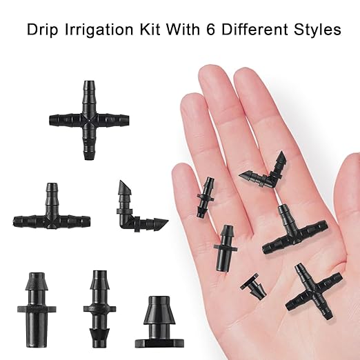 320PCS Drip Irrigation Parts, Barbed Connectors Drip Irrigation Fittings, Connect 1/4" Drip Irrigation Tubing, (End Plug,Elbows,Straight Barbs,Single Barbs,Tees, 4-Way Coupling) Drip Irrigation Kit