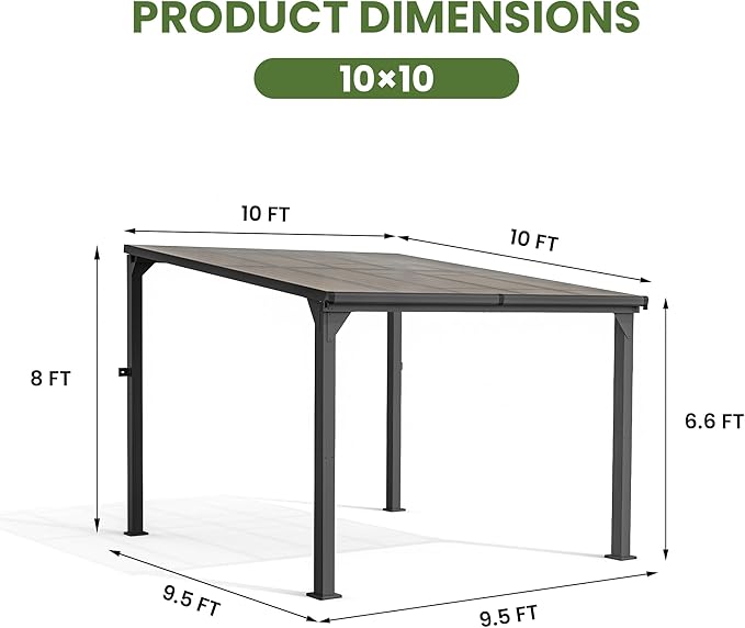 10 * 10FT Pergola,Outdoor Gazebo,Hardtop Lean to Gazebo,Wall Mounted Pergola,Pergolas Gazebos Clearance,Aluminum Frame Pergola,UV Resistant Patio Roof,Patio Awnings for Porch,Lawn,Backyard