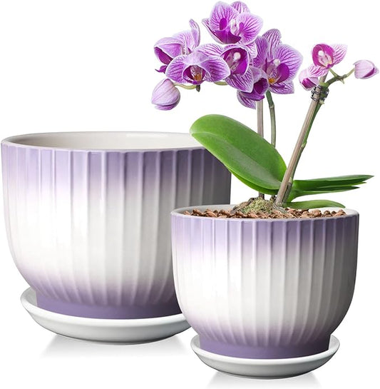 6.7 + 5.5 Inch Plant Pot, Ceramic Planter with Drainage and Saucer, Ceramic Pots for Plants, Indoor Plant pots,Ceramic Flower pots(Purple + White, Plants NOT Included)