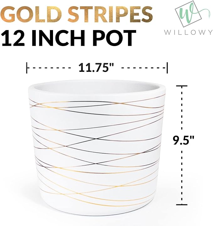 Willowy 12 Inch Ceramic Pot - Matte White with Metallic Gold Stripes - Drainage Plug Included