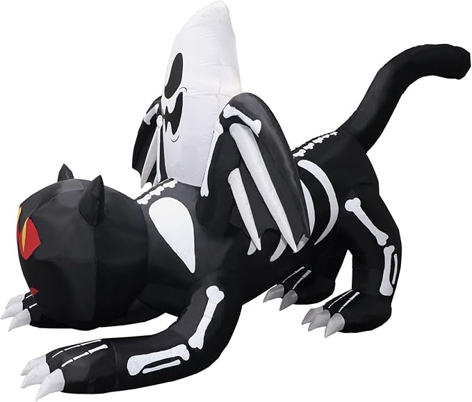 Haunted Hill Farm 5-Ft Tall Black Cat Bat Blow Up Inflatable with Red Eyes, Ghost, and Lights, Outdoor Halloween Inflatable Decoration for Lawn and Yard, Giant Spooky Holiday Decor