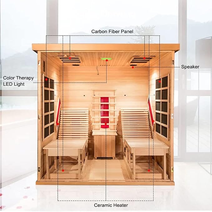 Infrared Wooden Sauna Room with Recliner, 2 Person Infrared Home Sauna, 220V,3400W, 5 Heating Tubes, 4 Carbon Crystal Heating Panel, Bluetooth Speakers, 7 Color Light, Oxygen Bar