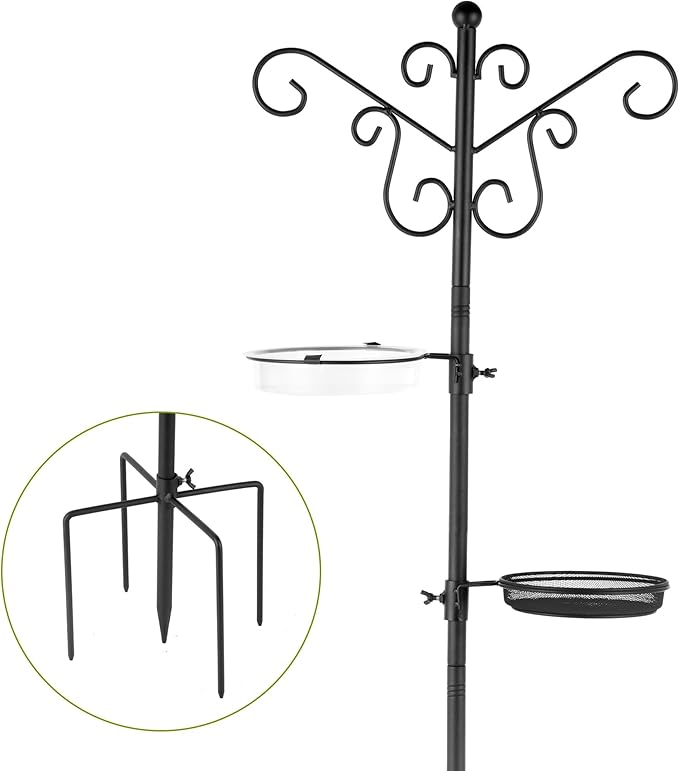 MIXXIDEA Bird Feeding Station Bird Feeder Pole with 5-Prong Base Hanging Hooks Water Bath Mesh Tray Wind-Resistant Water Bowl with Metal Snap Fastening for Outdoors to Attract Wild Birds