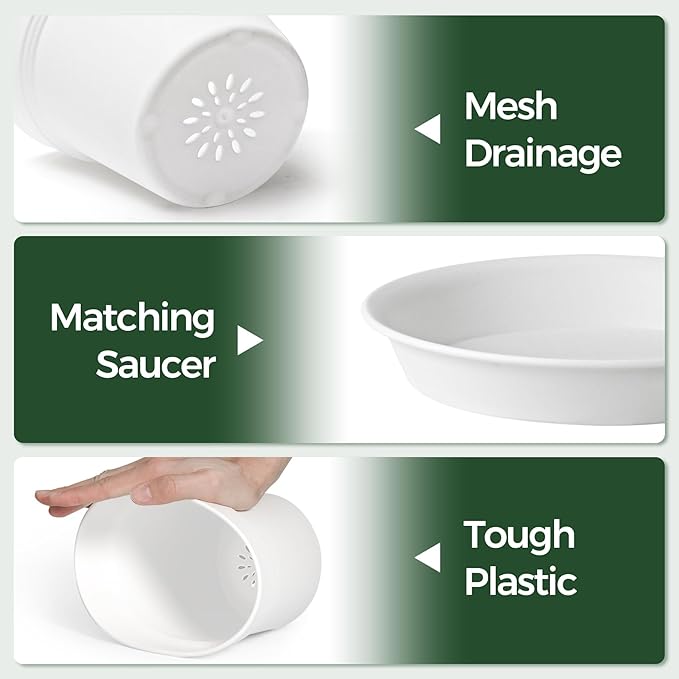 T4U 5 Inch Plastic Planters 18-Pack - Small Plant Pot with Drainage Hole and Saucer, Decorative Nursery Flower Pot Bulk for African Violet, Snake Plant, Aloe and All House Plants Indoor (White)