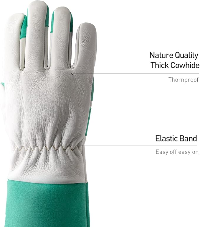 HANDLANDY Long Gardening Gloves for Men & Women, Thorn Proof Rose Pruning Gloves Leather Gauntlets Garden Gloves Yard Work Gloves (Medium, Green)