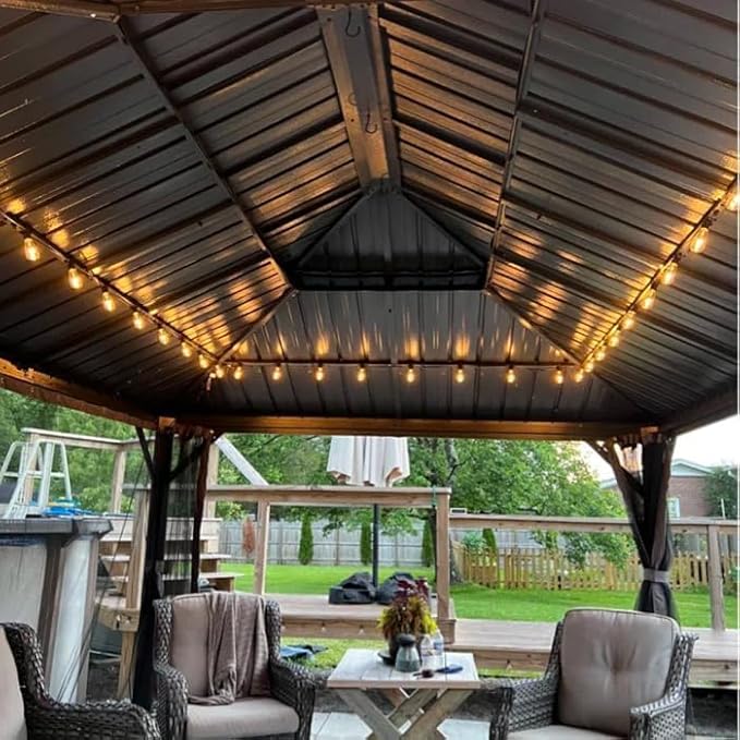 Domi 12’ x 18’ Hardtop Gazebo Aluminum Frame Canopy with Netting & Curtains, Outdoor Permanent Metal Pavilion with Galvanized Steel Double Roof for Patio Lawn and Garden, Brown